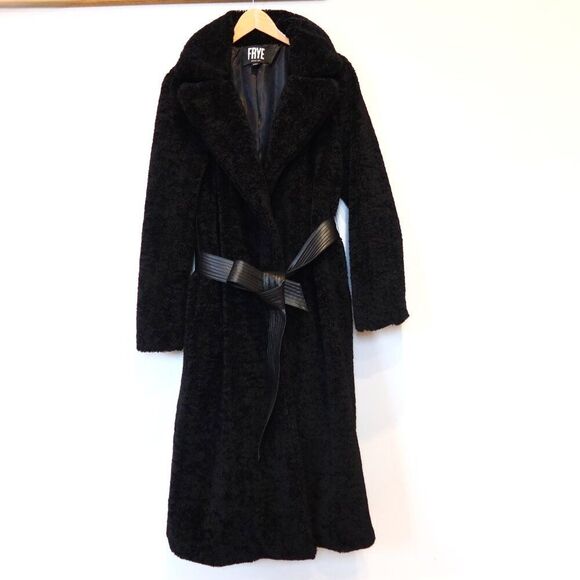 FRYE sherpa teddy long coat black faux fur belted lapel winter pockets small - Picture 2 of 9
